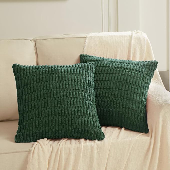Fancy Homi Set of 4 Dark Green Boho Decorative Throw Pillow Covers 20x20 Inch for Couch Bed Sofa, Aesthetic Modern Bohemian Room Decor, Soft Fuzzy Fluffy Cozy Corduroy Textured Cushion Case 50x50cm