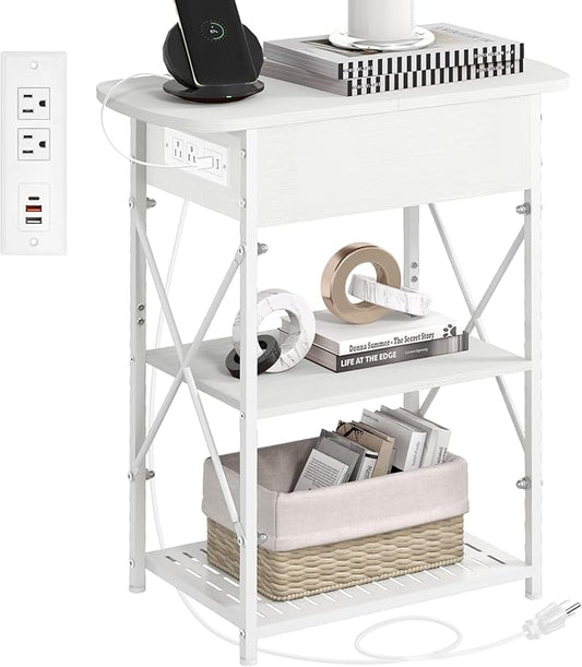 Narrow Side Table with Charging Station, End Table with 3 USB Ports and 2 AC Outlets, Flip Top End Table with Storage, White Side Tables Living Room, Nightstand with Drawer for Bedroom