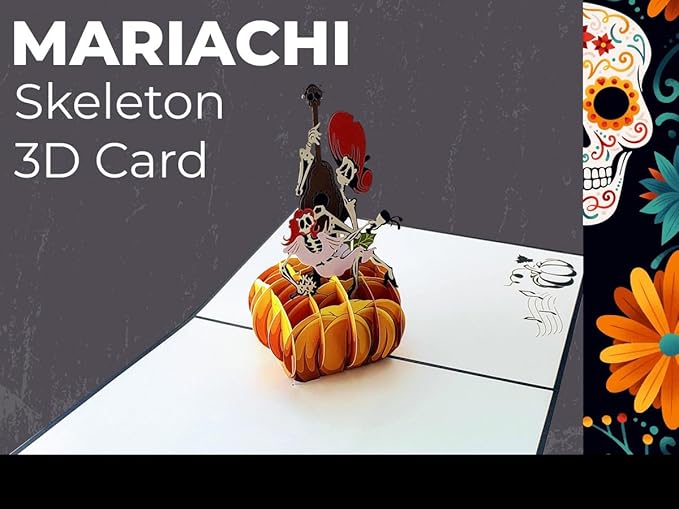iGifts And Cards Day of the Dead Pop-Up Card – 3D Música de Calacas on Pumpkin – 6" × 8" Laser-Cut Greeting for Día de los Muertos, Remembrance & Celebration