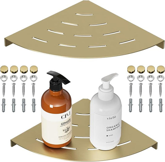 2 Pack Corner Shower Shelves 304 Stainless Steel Brushed Gold Corner Shower Shelf Quick Drainage 8 in Drilling Installation
