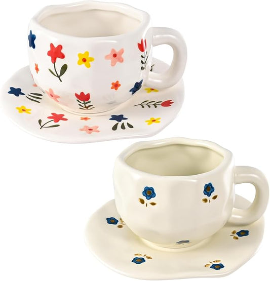 Ceramic Coffee Mug Vintage Flower Mugs 8 oz Cute Floral Coffee Mugs Irregular Latte Art Cup Lead-free Porcelain Cups for Cappuccino, Cocoa (Blue and Pink Mug with Saucers)