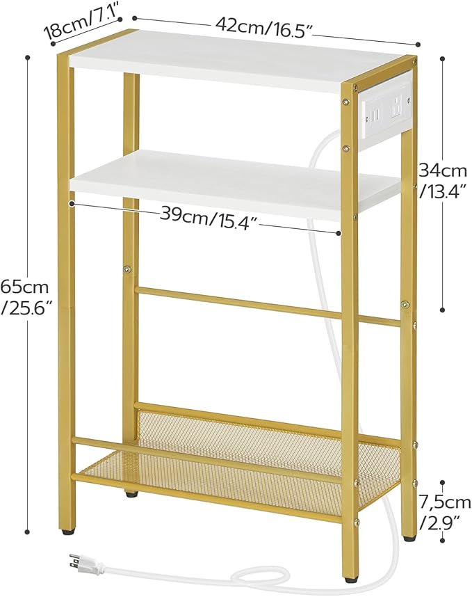 HOOBRO Small Narrow Side Table with Charging Station, Skinny End Table for Small Spaces, Slim Nightstand with USB Ports Outlet, Sofa Beside Table with Storage Shelf, White and Gold DW102UBZ01