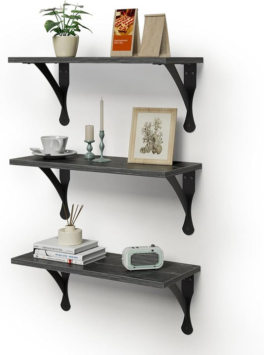 Wood Floating Shelves Set of 3, Wide Display Shelf Wall Mounted with Brackets, Easy Hanging Floating Shelves for Bedroom, Kitchen, Living Room, Bathroom (Black Wood Veins)