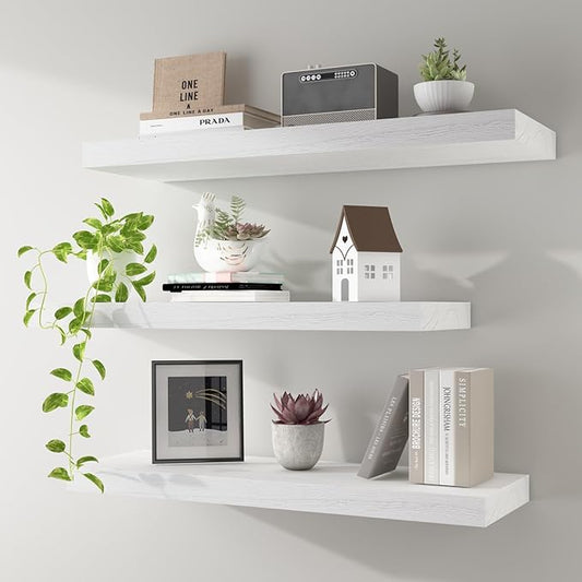 Floating Shelves 24 Inch Wall Shelf Solid Wood Mounted Storage for Bedroom Living Room Set of 3, White Wall Shelves