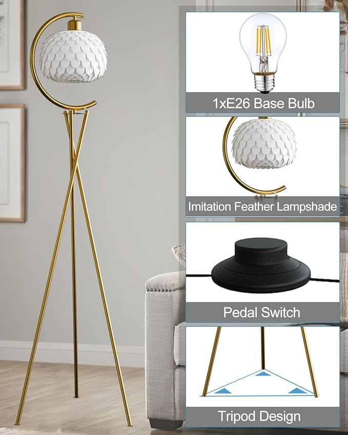 Modern Floor Lamp with Arc Imitation Feather Lampshade, Gold Metal Standing Lamp with Bulb Included, Vintage Tall Reading Light for Living Room, Bedroom,Office