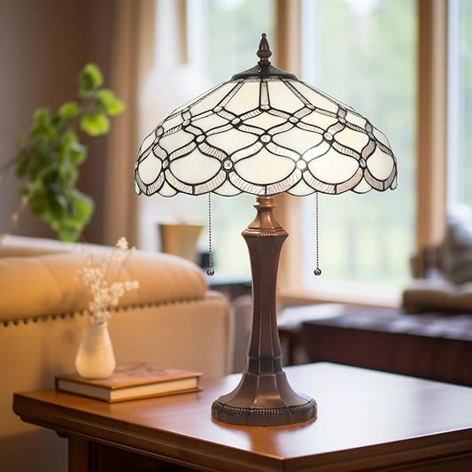 Tiffany Table Lamp,Antique Style Stained Glass Table Light,16 inch Large White Beside Desk Lamp for Living Room Bedroom Office,2-Lights