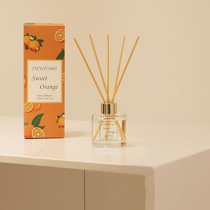 100ml Scent Diffuser with 6 Fiber Sticks, 3.5 oz Reed Diffuser Set Aromatherapy Fragrance Diffusers Air Fresheners for Home Bedroom Bathroom (Orange)