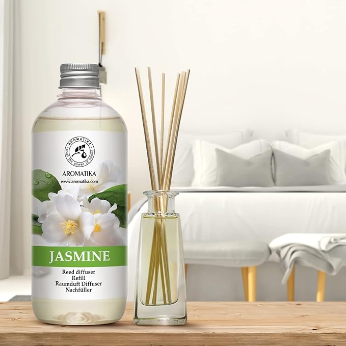 Jasmine Reed Diffuser Refill w/Natural Essential Jasmine Oil 17 Fl Oz - Fresh & Long Lasting Fragrance - Scented Reed Diffuser Oil Refill - Best for Aromatherapy - SPA - Home