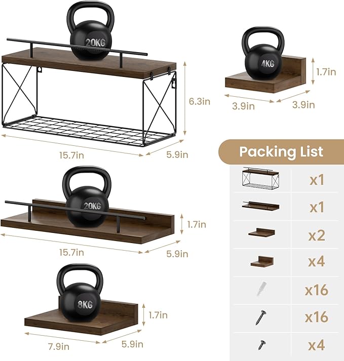 Floating Shelves for Wall Set of 8, Wall Shelves for Decoration and Storage, Bathroom Shelves with Wire Storage Tier, Wood Shelves for Bathroom, Living Room, Bedroom, Kitchen (Brown)