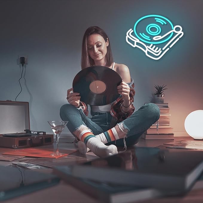Record Player Neon Sign Retro Blue White Record Neon Light Neon Signs for Studio Decor Live Music Neon Light Sign for Bedroom Beer Bar Decoration