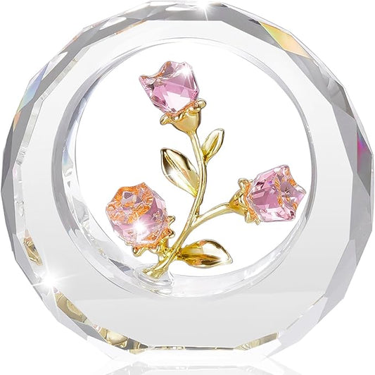 Crystal Flower Figurines,Glass Tulips with Stems,Spring Bouquet Collectible Figurines Home Decor (Pink)