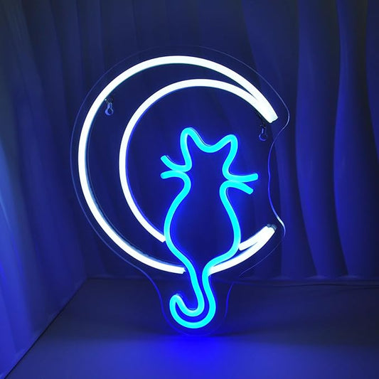 Moon Cat Neon Signs for Wall Decor White Blue LED Light Sign for Preppy Room Decor Light Up Sign for Birthday Party Decoration USB Powered
