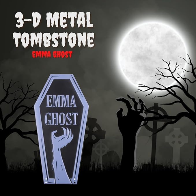 3-D Metal Halloween Ghost Cemetery XL 17" Tombstone w Stakes -EMMA GHOST- Durable, Rustproof, UV Raised Printing-Upgrade Your Haunted House Mansion w Cemetary Lawn Decor-No More Flimsy Foam Graveyards