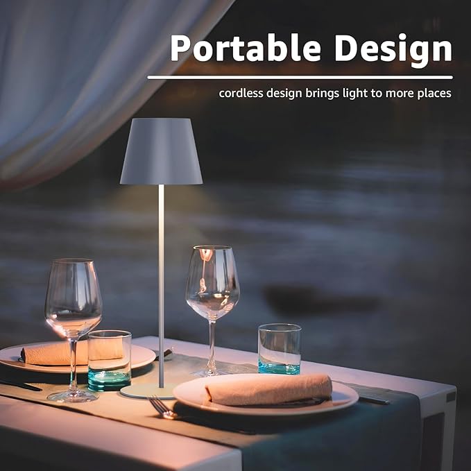 uuffoo 2 Pack Cordless Rechargeable Table Lamps, 5200mAh Battery Powered Outdoor Table Lamps with 3 Colors Stepless Dimming, Desk Night Light for Restaurant, Patio, Bedroom, Bar (Gray)