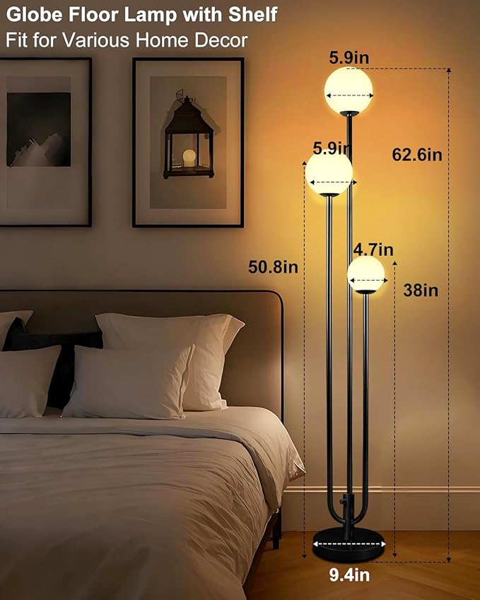 63IN 3-Light Dimmable Floor Lamp, Unique Tall Standing Lamps with 3 Black Poles and 3000K G9 Bulbs for Reading, Mid Century Modern Floor Lamp for Living Room Bedroom Office
