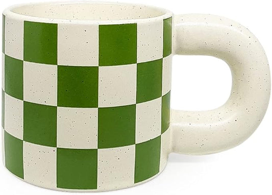 Ceramic Coffee Mug,Tea Cup with Porcelain Fat Round Handle,Dishwasher&Microwave Safe Mug to Decorate,12 oz, Modern,Simplicity Unique Style For Any Kitchen. (Green white grid)
