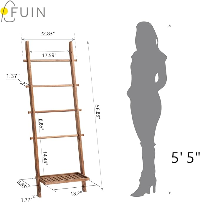 FUIN 5ft Wood Blanket Ladder with Bottom Shelf for Living Room Decorative Wall Leaning Farmhouse Quilt Display Holder Storage Rustic Wooden Towel Rack for Bathroom, Light Brown