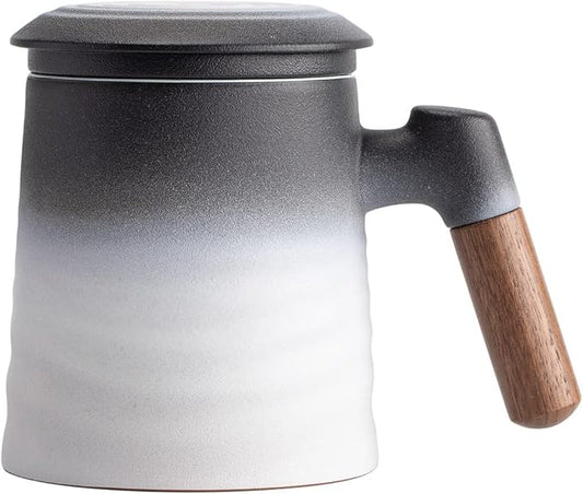 ZENS Tea Cup with Infuser and Lid, Wood Handle Loose Tea Steeper Mug, 12 Ounces Matte Gradient Embossed Ceramic Stainer Mug for Tea Gifts, Black & White