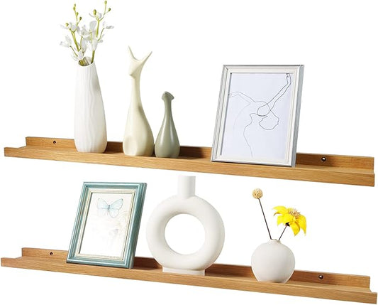 Long Floating Shelf 36 Inch Natural Wood Shelves Set of 2, Rustic Display Books Picture Ledge Shelf for Wall Mounted, Natural Solid Oak Wood Shelf, Easy to Install, Natural Color, 36 *4 *1.5