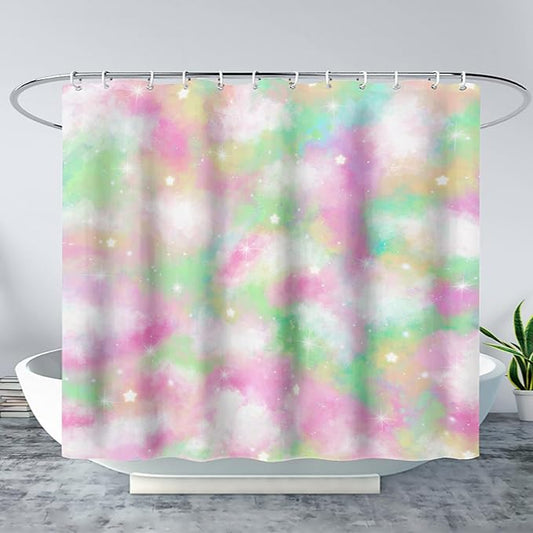 AILONEN Colorful Space Shower Curtain,Glitter Star Waterproof Fabric Shower Curtain Set for Girls Kids Teens, 36" W*72" H Fantasy Starry Sky Theme Bathroom Decor