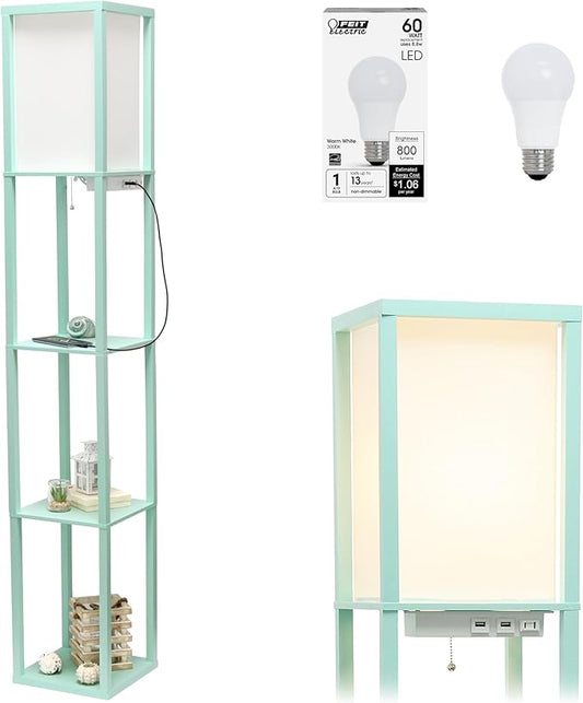 Simple Designs LF1037-AQU-LB Three Shelf Etagere Organizer Storage Floor Lamp with 2 Dual USB Ports and Charging Outlet, Aqua, with Feit LED Bulb Included