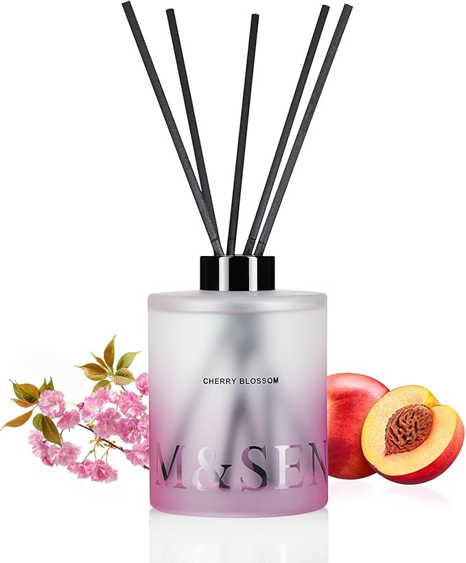 M&SENSE Cherry Blossom Reed Diffuser Set - 16.9 fl oz Long-Lasting Scent, Non-Toxic Natural Essential Oil Diffuser with Sticks, Home Fragrance Diffuser Gift for Office Bathroom Bedroom