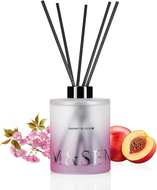 M&SENSE Cherry Blossom Reed Diffuser Set - 16.9 fl oz Long-Lasting Scent, Non-Toxic Natural Essential Oil Diffuser with Sticks, Home Fragrance Diffuser Gift for Office Bathroom Bedroom