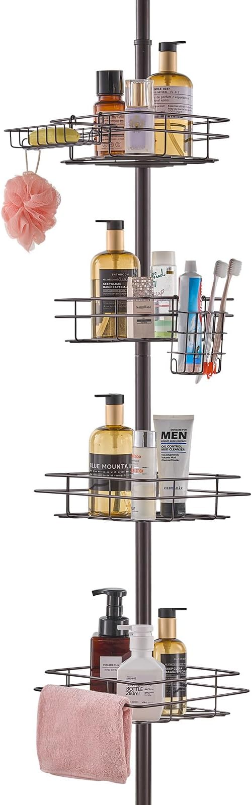 VEVOR Shower Corner Caddy Tension Pole, 42" to 114" High, Multi-Functional Shower Tension Pole with Strong Load-Bearing Tray, Rust-Proof Easy-to-Install, Fit for Bathroom & Washroom