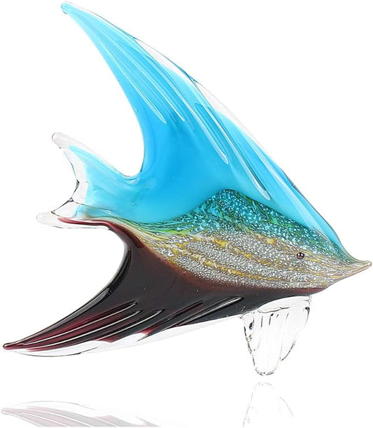 Hophen Art Glass Tropical Angel Swallow Fish Blown Handmade Sea Animal Figurine Sculpture Home Decor Collectible Statue Paper Weight Gift Ornament (Blue and Black)