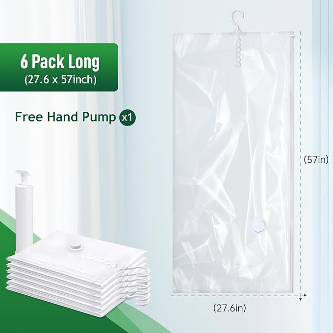 Hanging Vacuum Storage Bags For Clothes With Hand Pump,Coat Storage Bag Hanging,Vacuum Bags For Clothes,Space Saver Vacuum Storage Bags,Garment, Clothing, Dress, Suit, Long Coat, Jacket(Long 6 Pack）