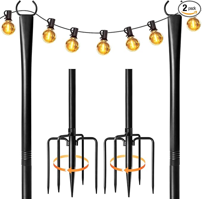 2 Pack String Light Poles for Outside, 10ft Heavy-Duty Metal Light Poles for Outdoor String Lights with Fork, Adjustable Lighting Accessories for Patio Decor Backyard Yard Pergola Garden Decorations