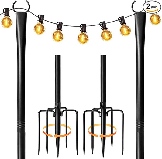 2 Pack String Light Poles for Outside, 10ft Heavy-Duty Metal Light Poles for Outdoor String Lights with Fork, Adjustable Lighting Accessories for Patio Decor Backyard Yard Pergola Garden Decorations