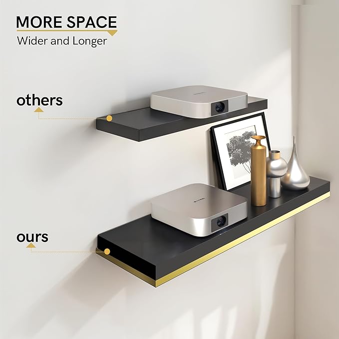 Gronda Floating Shelves for Wall, 23.6 Inch Black Floating Shelves Modern Home Decor Hanging Storage Organizer with Invisible Bracket Wall Mount for Bedroom Living Room Bathroom Kitchen, Set of 2