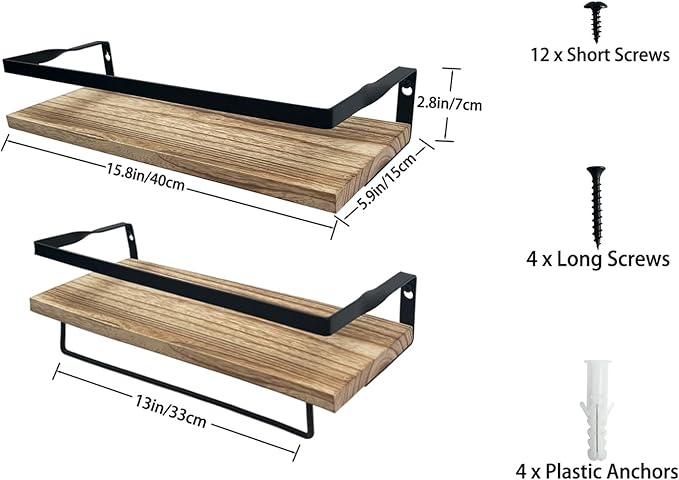 Wood Floating Shelves for Wall,Set of 2 Hanging Shelves with Towel Bar,Decorative Wall Shelves for Bedroom,Living Room,Bathroom,Kitchen
