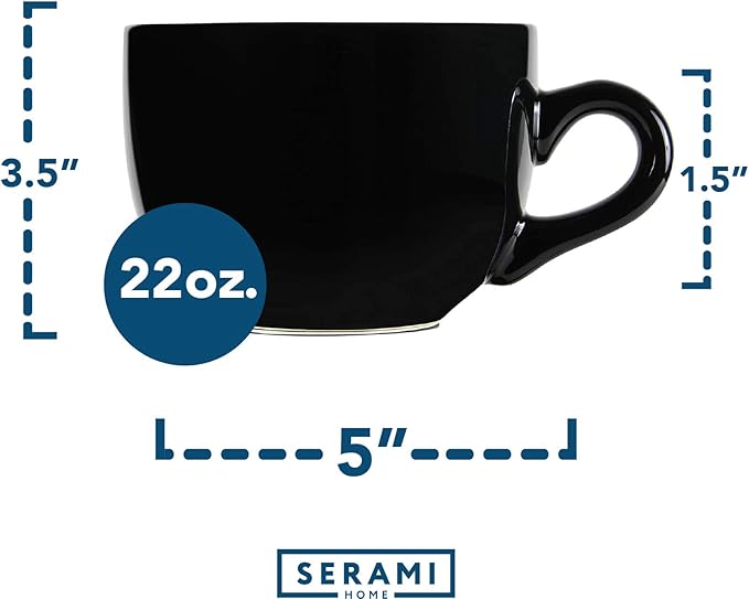 Serami Oversized Ceramic Coffee Mug with Handle - Large 22 oz Cup, Perfect for Latte, Cappuccino, Soup, Cereal - Ideal for Everyday Use - Ceramic Bowl Set, Large Coffee Mug Set (Black 4 Pack)