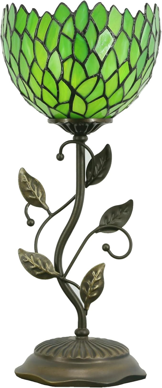 Small Tiffany Lamp Stained Glass Table Lamp Uplight Accent Lamp with Metal Leaf Base Green Wisteria Style Desk Light 8X19 Inch for Home Office Living Room Bedroom