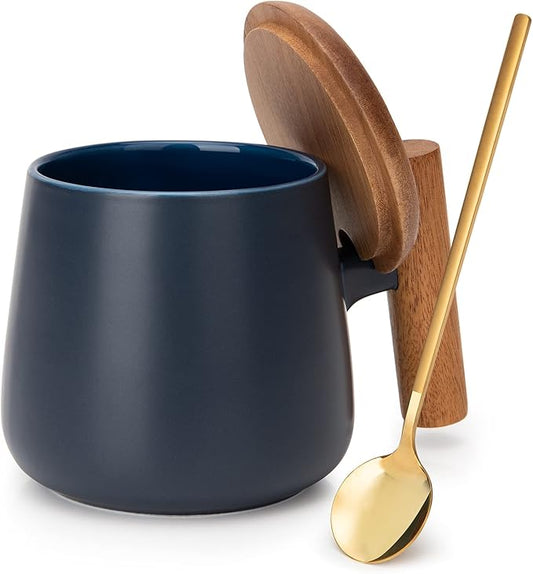 Coffee Mug, 14 Oz Ceramic Tea Mug with Lid and Coffee Spoon for Latte, Cappuccino, Cocoa, Mocha, Birthday Gifts, House Warming Gifts New Home, 1 Pack (Blue)