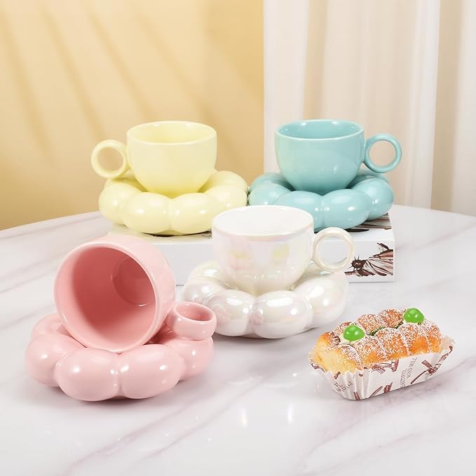 Koythin 4 Pieces Ceramic Sunflower Mug Saucer Set, Creative Cute Cup with Cloud Coaster, 6.5 oz/200 ml Aesthetic Mugs for Tea Latte Milk (White Pink Yellow Blue)