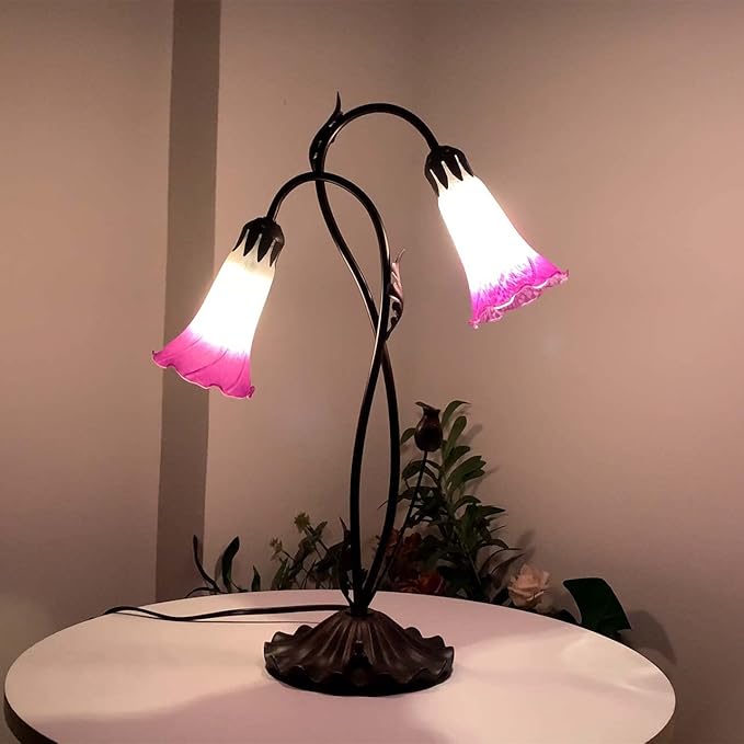 Bieye L10850 Lily Flower Blown Glass Accent Table Lamp for Living Room Bedroom Decoration (2-Light, Purple)