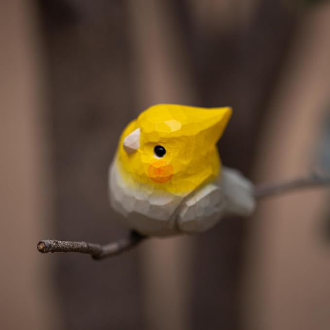 1 Pair Handmade Wooden Cockatiel Figurines – 1.8" Carved Parrot Sculptures, Cute Nymphicus Hollandicus Bird Decor for Shelf, Desk, Gift, or Home Display