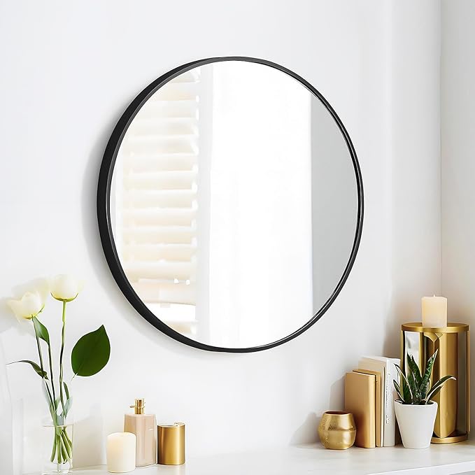 20" Round Mirror Circle Wall Mounted Hanging or Against Wall Metal Frame Dressing Make-up Mirrors for Entryway Bedroom Bathroom Living Room 20 inch Black