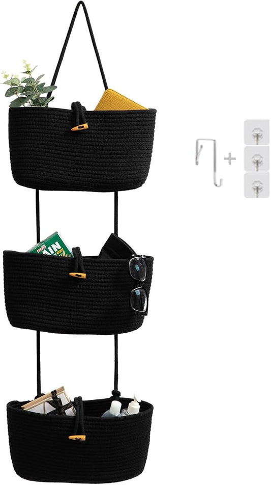 TeoKJ Over the Door Hanging Baskets with Button Strap, 3-Tier Woven Cotton Storage Organizer Bag, Wall-Mounted with Hook Decorative Hanging Nursery Baskets - Black