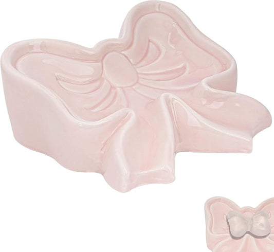 Bowknot Soap Dish, Bow Shaped Ceramic Drain Soap Box, Ceramic Soap Dish for Bathroom, Sinks, Kitchen (Pink)
