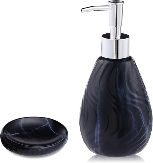Ceramic Soap Dispenser and Soap Dish Set, Marbled Elegant Bathroom Decor with Non-Slip Base, Modern Hand Wash Bottle & Soap Tray for Bathroom Sink Countertop, Kitchen, Spa (Black)