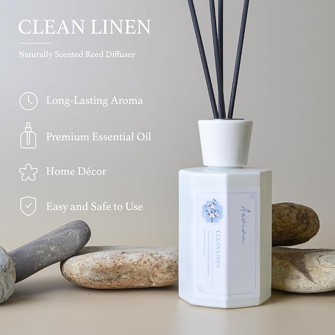 Reed Diffuser Set, 6.7 oz Clean Linen Scented Reed Diffusers for Home with Sticks, Home Fragrance Oil Scent Diffuser for Bathroom, Decor & Gift