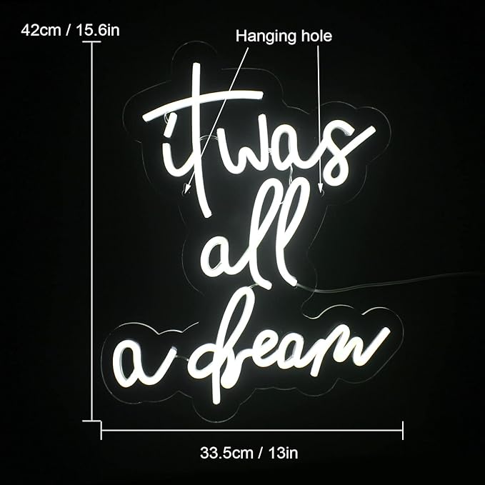 Lucunstar It Was All A Dream Neon Sign,Neon Sign For Room,Neon signs For Wall Decor, LED Signs Bedroom Club Office Hotel Pub Cafe Dream Neon Lights Wedding Birthday Party,Room Decor(White)