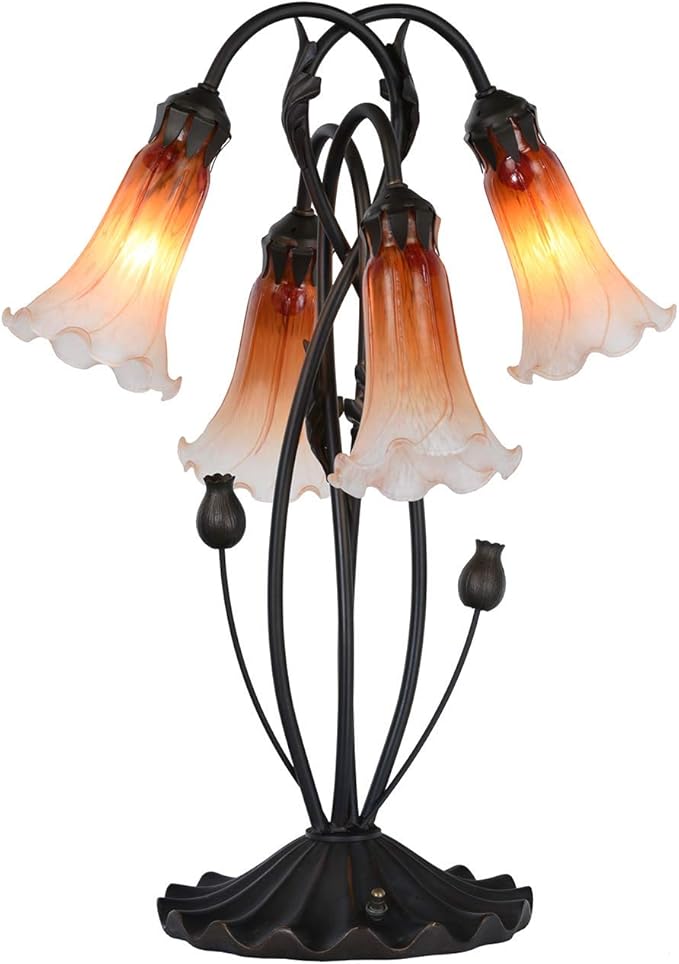 Bieye L10699 Lily Flower Blown Glass Accent Table Lamp for Living Room Bedroom Decoration (4-Light, Orange)