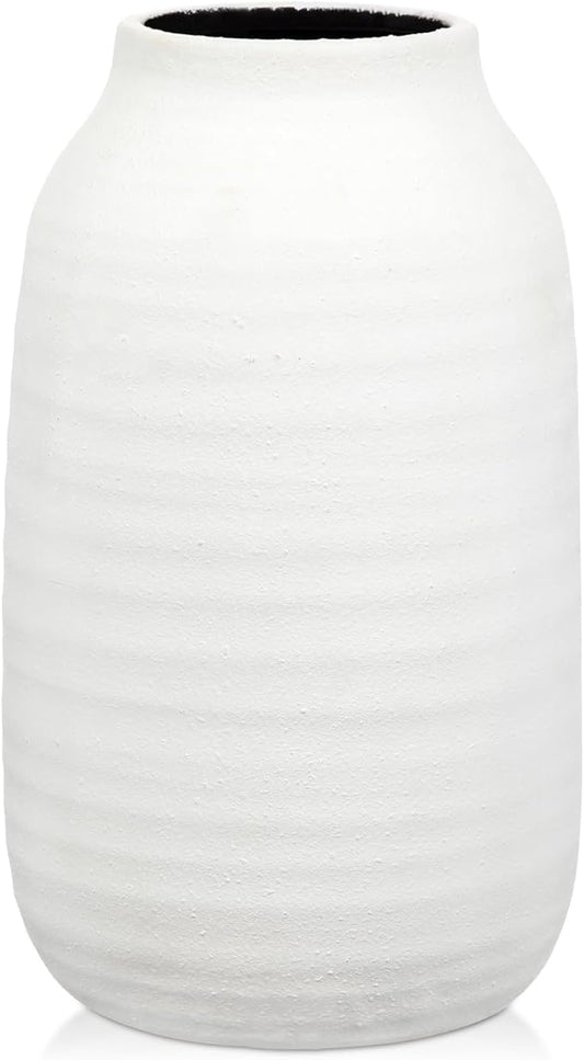 Briful 9.4'' Rustic Ivory Ceramic Vase, Vintage Farmhouse Decor, Whitewashed Terra Cotta Antique Pottery Pampas Vases for Home Living Room Kitchen Mantel Table Shelf Decorations