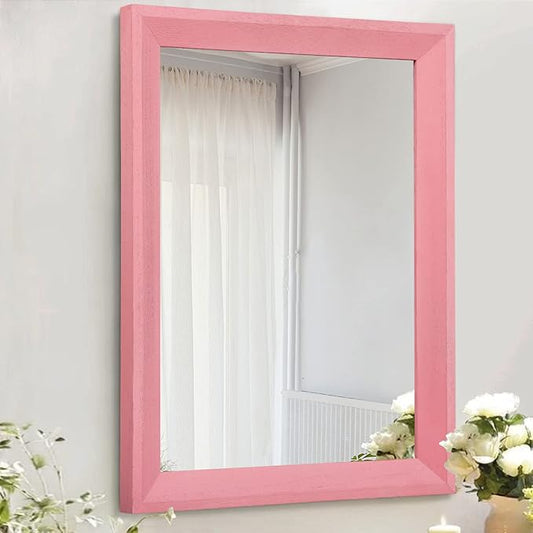 AAZZKANG Rectangle Mirror with Wood Frame Modern Farmhouse Wall Mirrors Decor Large 20"x16" for Bedroom Bathroom Living Room Pink