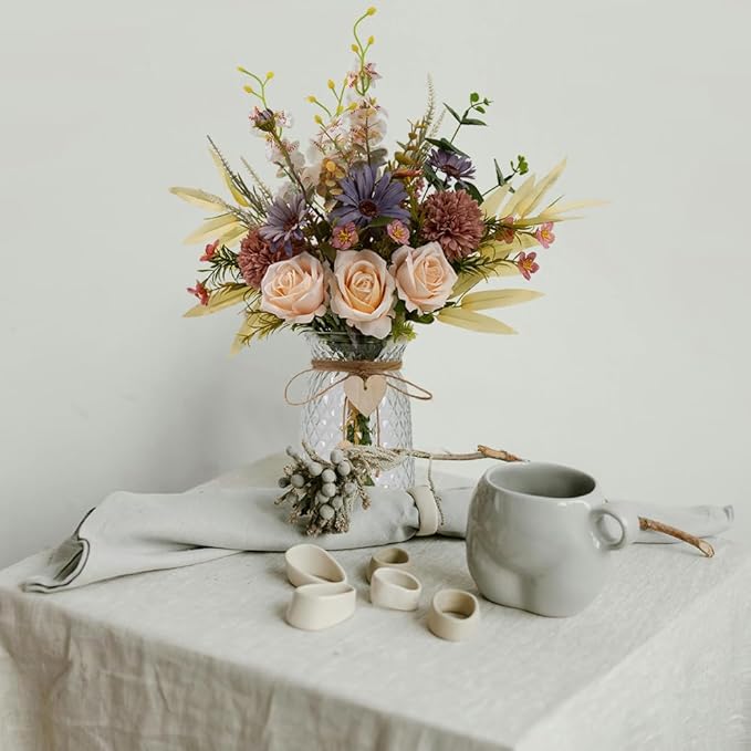 Silk Flowers with Vase, Artificial Rose Flowers Arrangement with Glass Vase Faux Rose for Decoration Table Centerpiece (Rose Champagne)